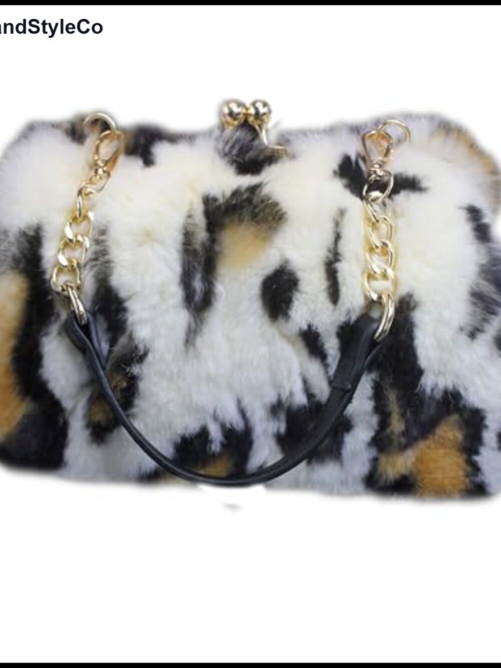 Rex Rabbit Fur Clutch Purse Kisslock Animal Print Handbag Top Handle Crossbody